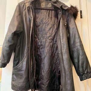 Women’s Black Leather Hooded Coat with Fur Trim